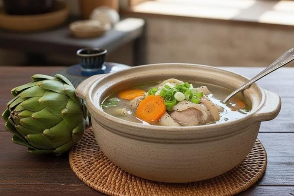 Canh hoa atiso hầm giò heo có vị ngọt thanh giúp mát gan, thanh nhiệt.